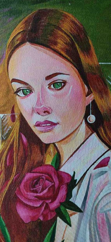 "A stunning portrait of a woman with golden hair, green eyes, and a red rose-Export-ready"