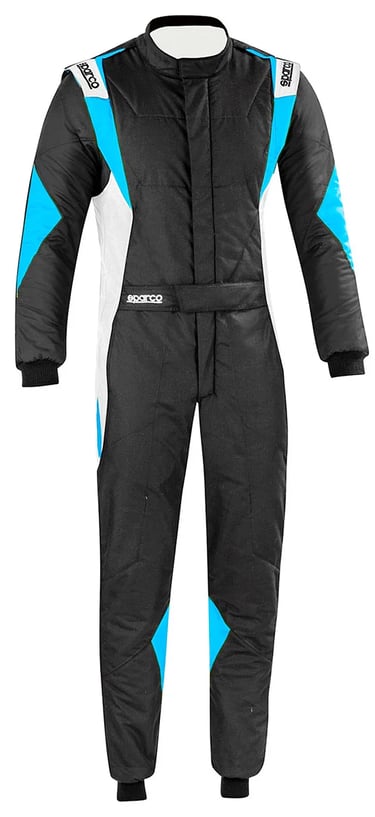 Black Sparco racing suit with blue and white accents for professional motorsport drivers.