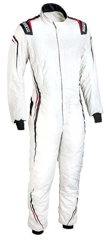 Professional white Sparco racing suit with red and black accents for motorsports safety.