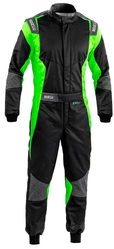 Professional Sparco karting suit in black and neon green for racing safety and performance.
