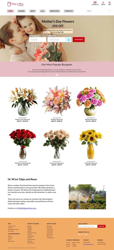 Homepage web design with banner, bouquet images, descriptions, and brand information.