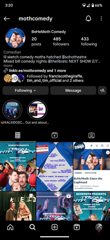Screenshot of BeHeMoth Comedy Instagram Page before a Instagram audit by Laura Franklin