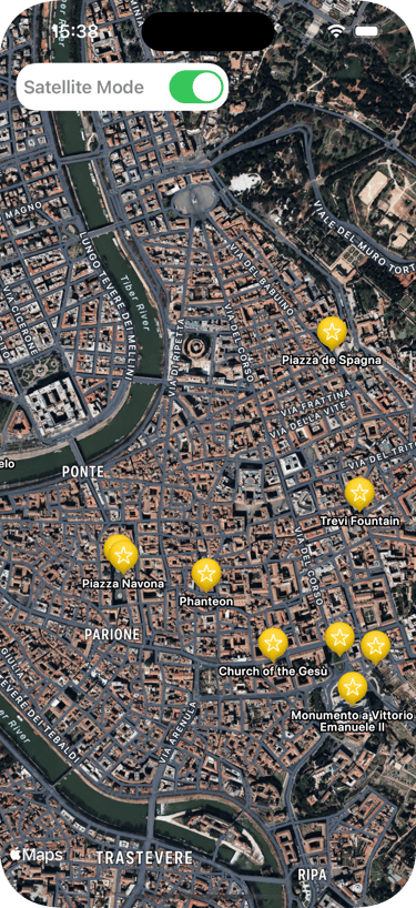 Screenshot of app Rome History & Art Guide with map showing landmarks