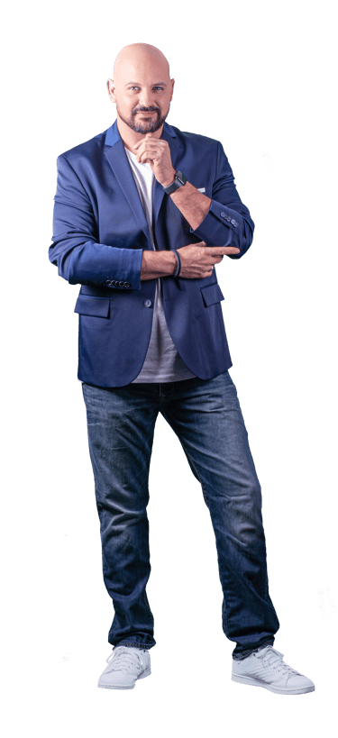 a bald bald man in a blue suit and white sneakers
