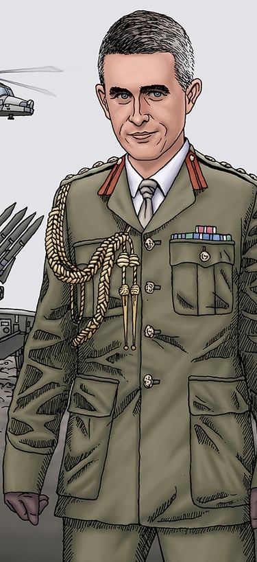 Uk politician dressed in a general's uniform in front of tanks and helicopters.