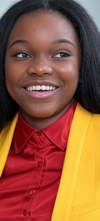 a woman in a yellow jacket and red shirt