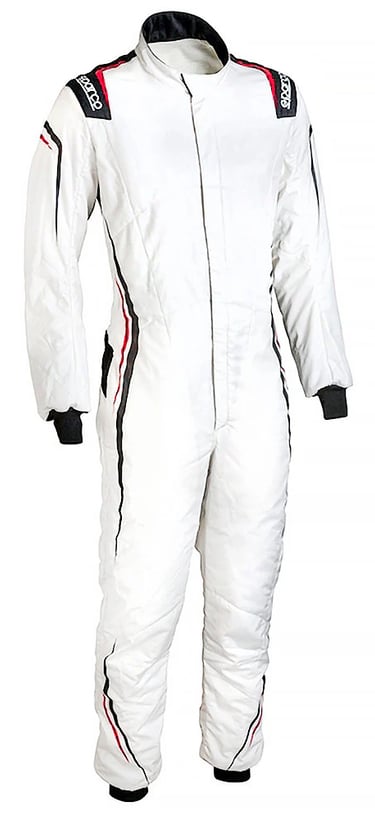 Professional white Sparco racing suit with red and black accents for motorsports safety.
