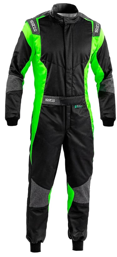 Professional Sparco karting suit in black and neon green for racing safety and performance.