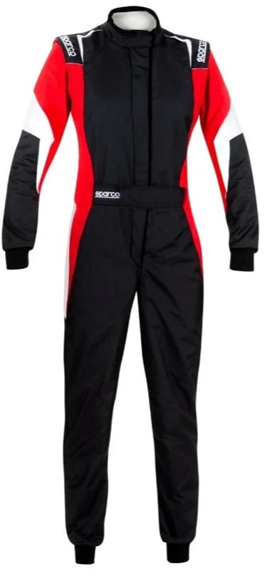 Professional Sparco racing suit in black and red fire-retardant fabric for motorsports safety.