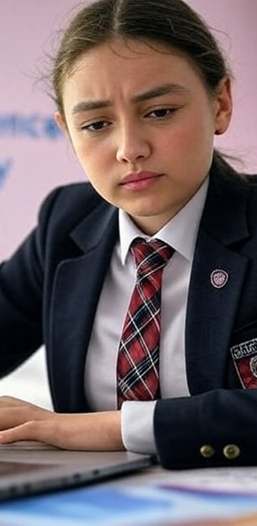 a girl in a school uniform is sitting at a desk