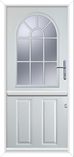a white solid stable composite door with arched glass and grill