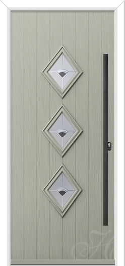 silk grey RAL 7044 composite door in cottage style with 3 diamond glass panels and long handle