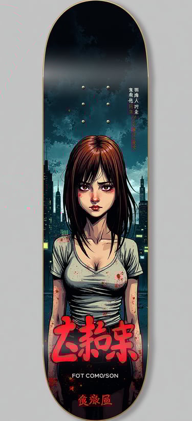Custom anime skateboard deck featuring a dark-haired girl with red eyes and a city skyline background.