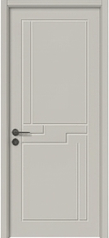 Modern light gray interior door with a geometric recessed panel design and a black lever handle.