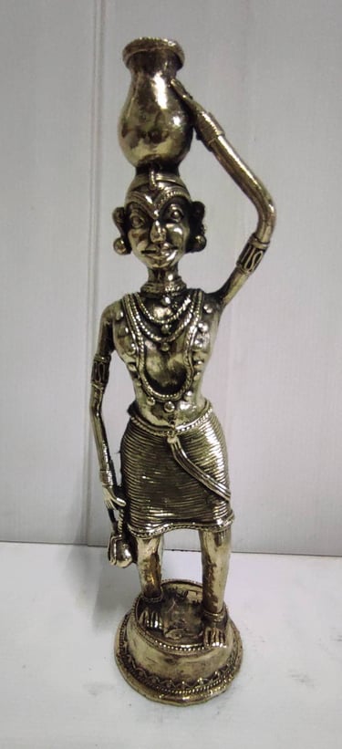 "Handcrafted brass tribal woman carrying pot on head–front view-for overseas demand"