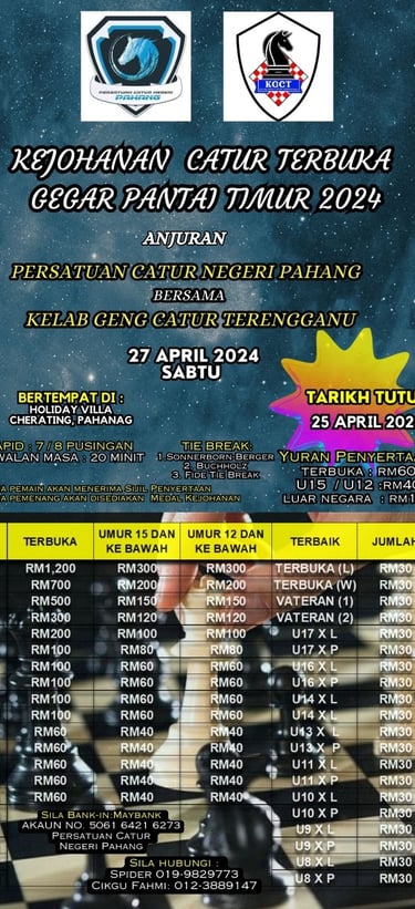 Catur Malaysia Kejohanan Catur Terbuka Gegar Pantai Timur 2024. Holiday Villa Cherating, Pahang. 