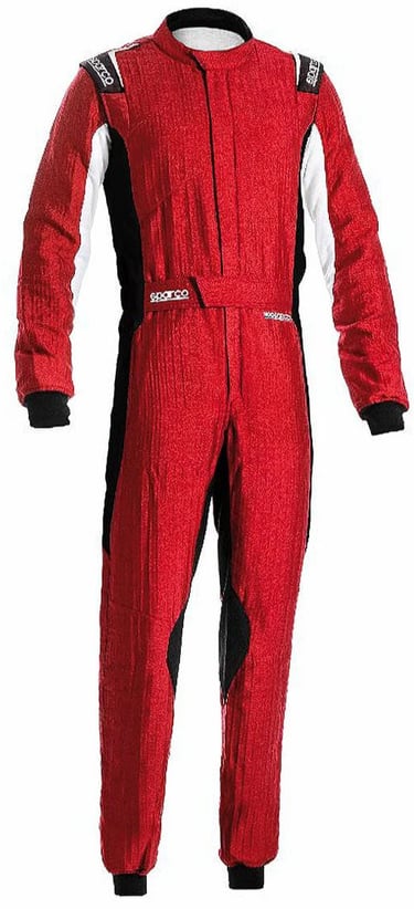 Red Sparco fire-resistant racing suit with black and white accents for professional motorsport safety.