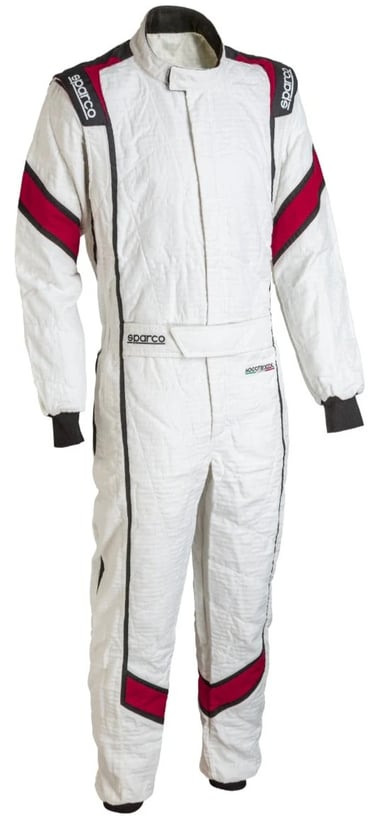 White Sparco racing suit with red and black accents for professional fireproof driver protection.