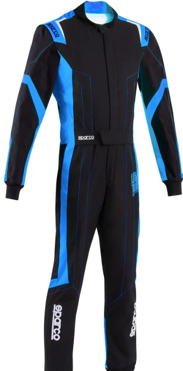 Professional Sparco karting suit in black and cyan blue for racing performance and driver safety.