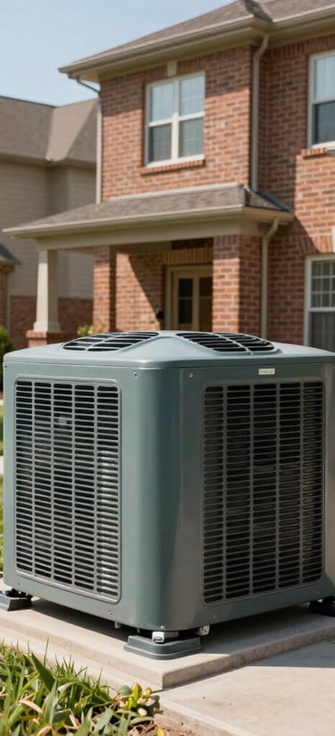 A wide shot of a modern, well-maintained residential HVAC outdoor condensing unit situated next to a stylish brick house in a suburban North American neighborhood during a sunny day. Professional, clean composition.