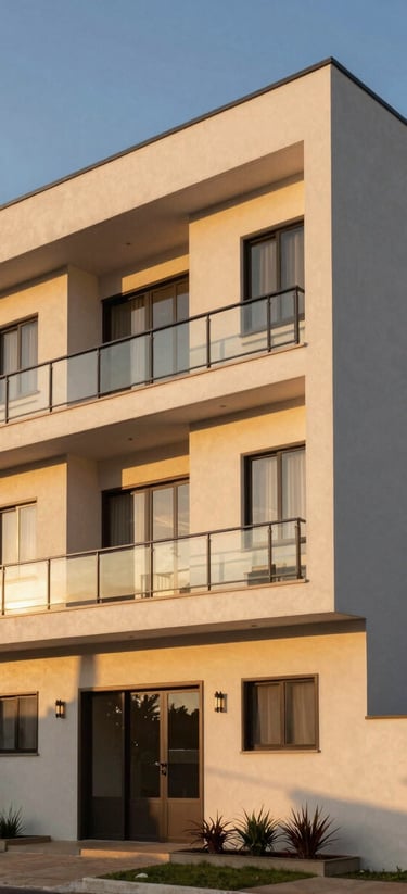 A modern residential building exterior in Sumare, South American contemporary architecture, clean lines, warm sunset lighting, professional real estate photography.