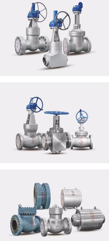 Industrial gate and globe valves for oil and gas pipelines featuring handwheel actuators and flanged ends.