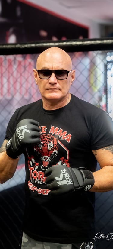 shooting photo sur un ring de boxe , gants aux mains en position de combat , St Estève 