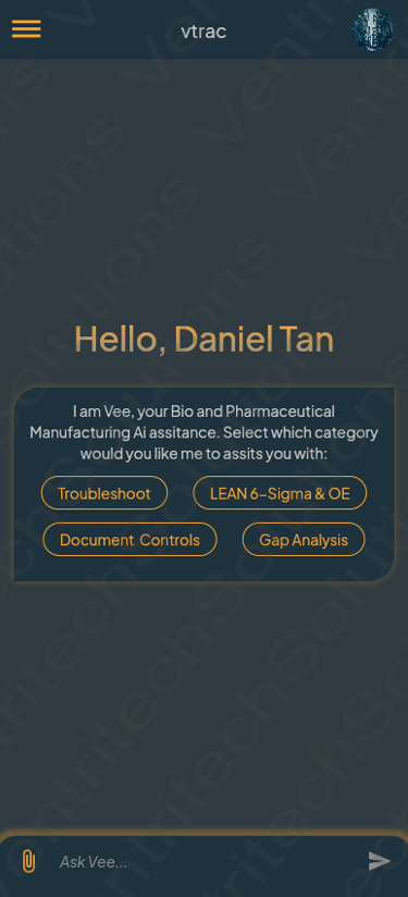 Screenshot of vtrac AI interface for troubleshooting, Lean Six Sigma and GMP documents
