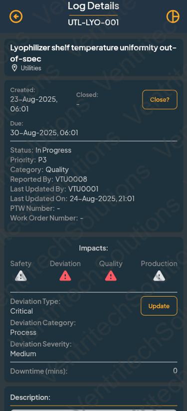 Screenshot of vtrac AI interface for electronic log and issues log details.