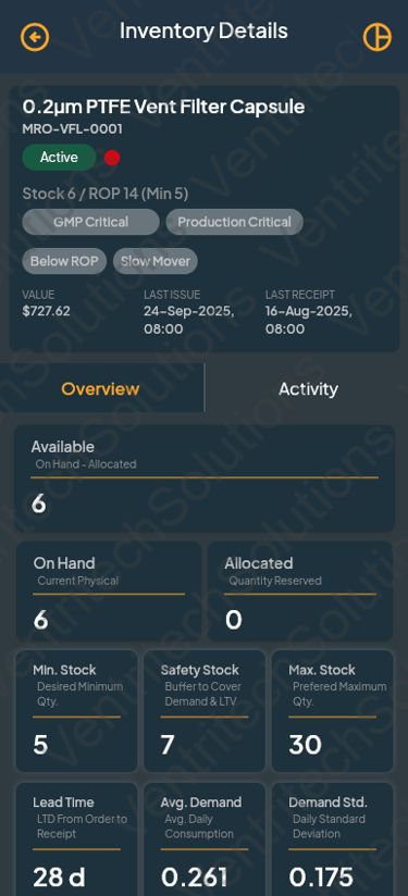Screenshot of vtrac AI interface for inventory management details, and SAP Meta Data.