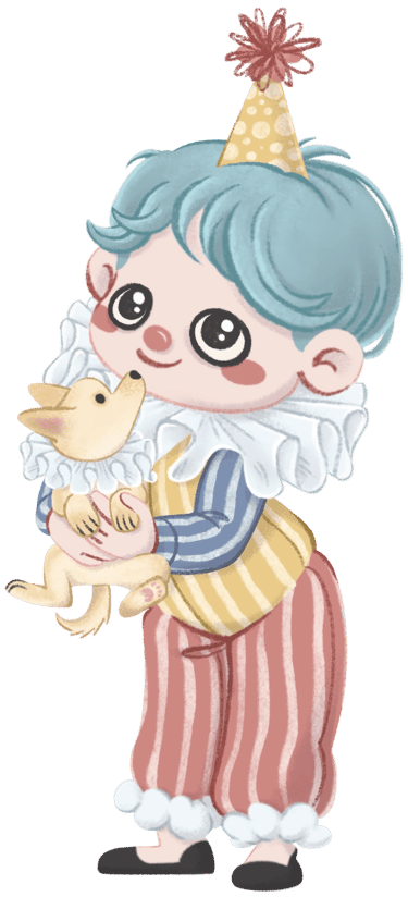 Bonita ilustración de dibujos animados de un niño payaso de pelo azul que sostiene un perrito con un