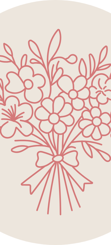 Pink line art illustration of a floral bouquet with a bow in a circular frame.