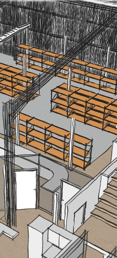 3D architectural visualization of a commercial warehouse layout demonstrating logistics and storage 