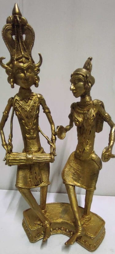 "Gold-painted brass sculpture of tribal men and women dancing with musical instruments–Bastar art-for international trade"