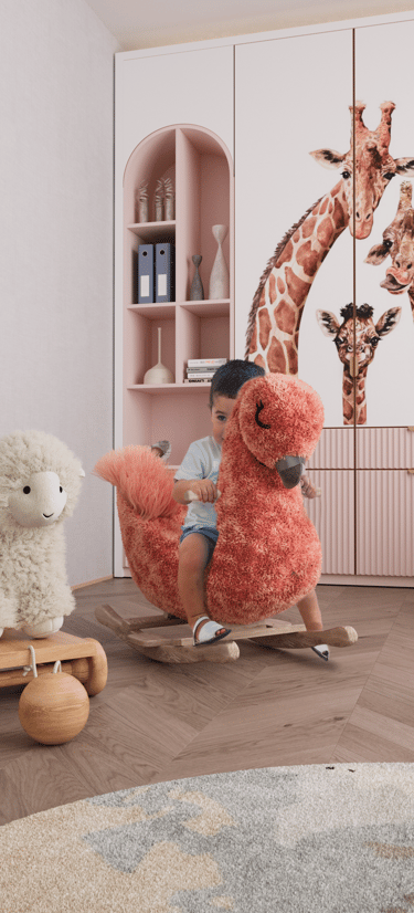 a child's room with a stuffed animal