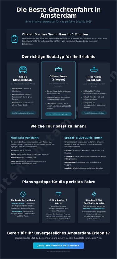 Infographic guide comparing Amsterdam canal cruises including glass-top boats, open boats, and salon boats.