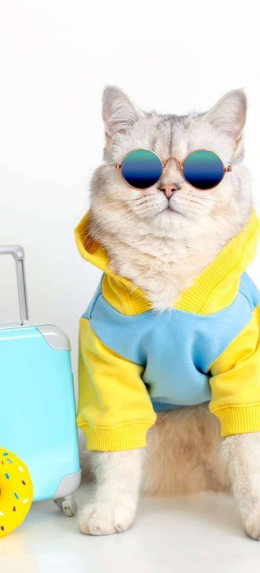 Gato con sudadera azul y amarilla y lentes de sol redondos azules junto a una maleta de viaje miniatura