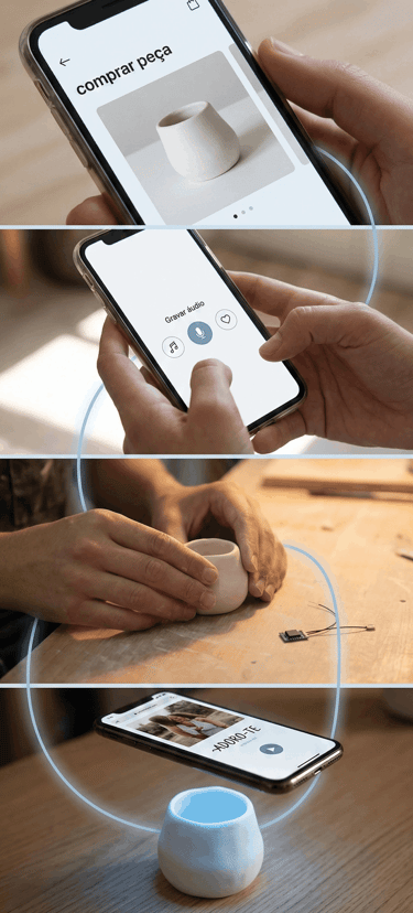 Pessoa usando um aplicativo de smartphone para gravar áudio e sincronizá-lo com uma tigela de cerâmi