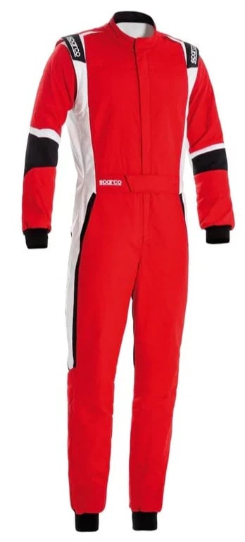 Red and white Sparco professional racing suit with black accents for motorsport safety.