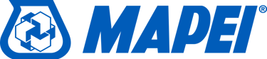 Blue Mapei logo with geometric icon on a black background for construction adhesives and sealants.