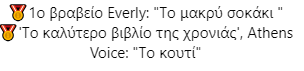 1ο βραβείο Everly: "Το μακρύ σοκάκι" 'Το καλύτερο βιβλίο της χρονιάς', Athens Voice: "Το κουτί"
