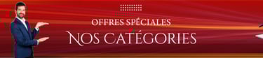Bannière offres spéciales Nos Catégories avec illustrations d’ordinateur portable, casque audio et s