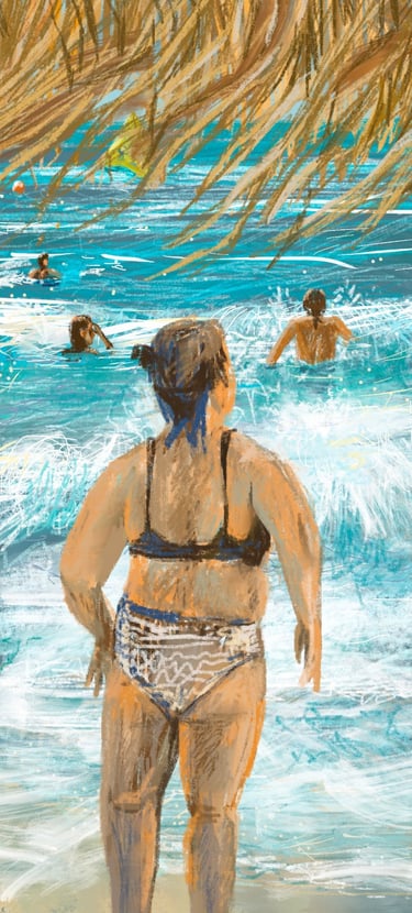 beach view with woman - digital postcard