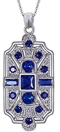  Geometric Art Deco Vintage Antique Flapper Gatsby Retro Style Royal Blue Sapphire Rhinestone Silver Tone Chain Pend