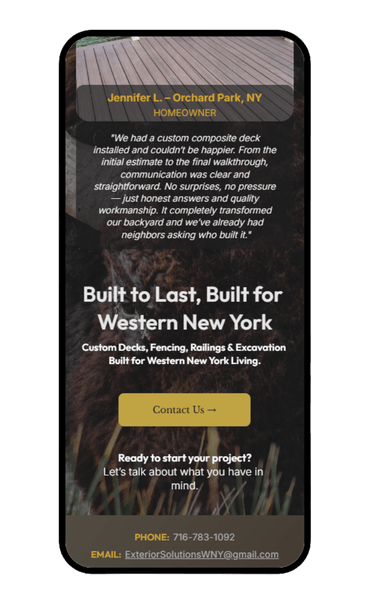 Case study preview of Exterior Solutions of WNY website designed by Rustline featuring deck, fencing