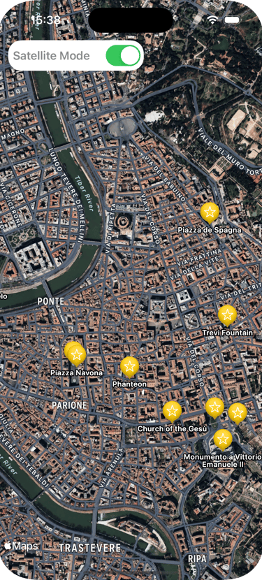 Screenshot of app Rome History & Art Guide with map showing landmarks