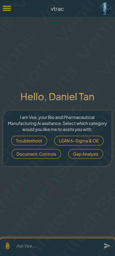 Screenshot of vtrac AI interface for troubleshooting, Lean Six Sigma and GMP documents