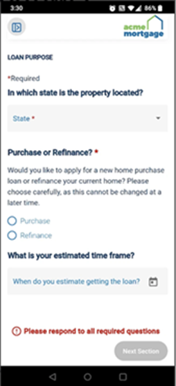 POS Mobile App Loan Purpose screen