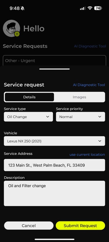 The Pitstopr app request services page