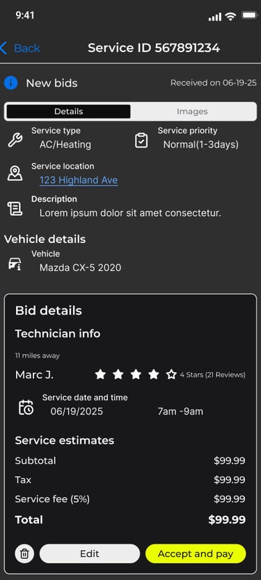 The Pitstopr App service bid page